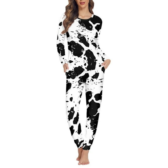 SCRAWLGOD Cow Print Womens Pajamas for Women Long Sleeve Pj Set Women Loungewear Size XS Crewneck Ladies 2 Piece Outfits Lightweight Women's Pajama with Pockets