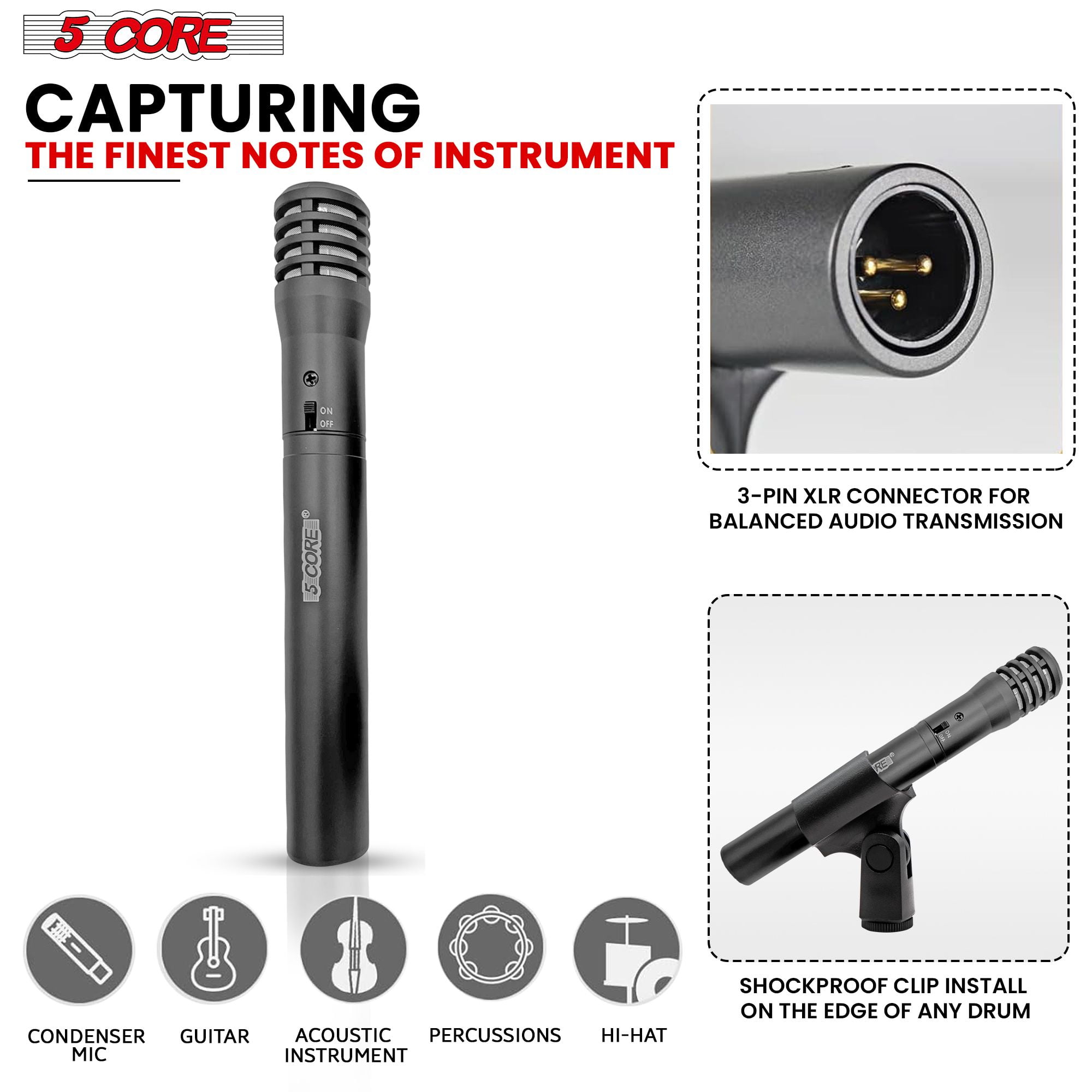 Professional Instrument Microphone Pencil Mic Condenser Cardioid Unidirectional Stick Microfono with Windscreen Mic Clip & Case - INSTRU MIC 100 Black