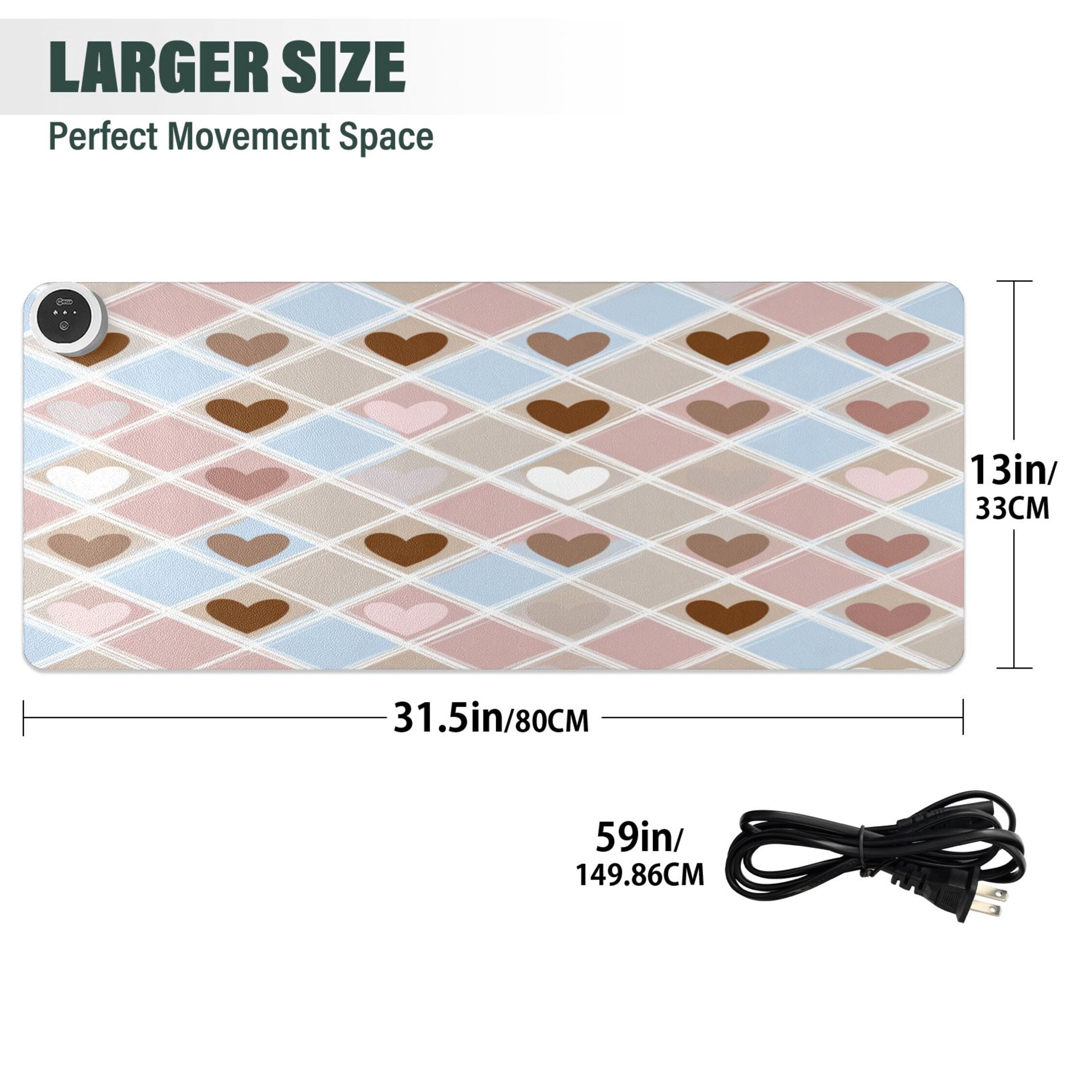 Large Heated Desk Mat Mouse Pad 31.5"x13"PU Leather Graphene Heating Desk Warmer with 3 Temperature Settings 110V US Plug Non-Slip Warm Pad for Home, Office, and Gaming Pastel Heart Argyle Pattern