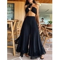 thumbnail image 5 of Women Ruffle Trim High Waisted Tassel Hem Flowy Pleated Boho Modest Wide Leg Pants Black L, 5 of 8