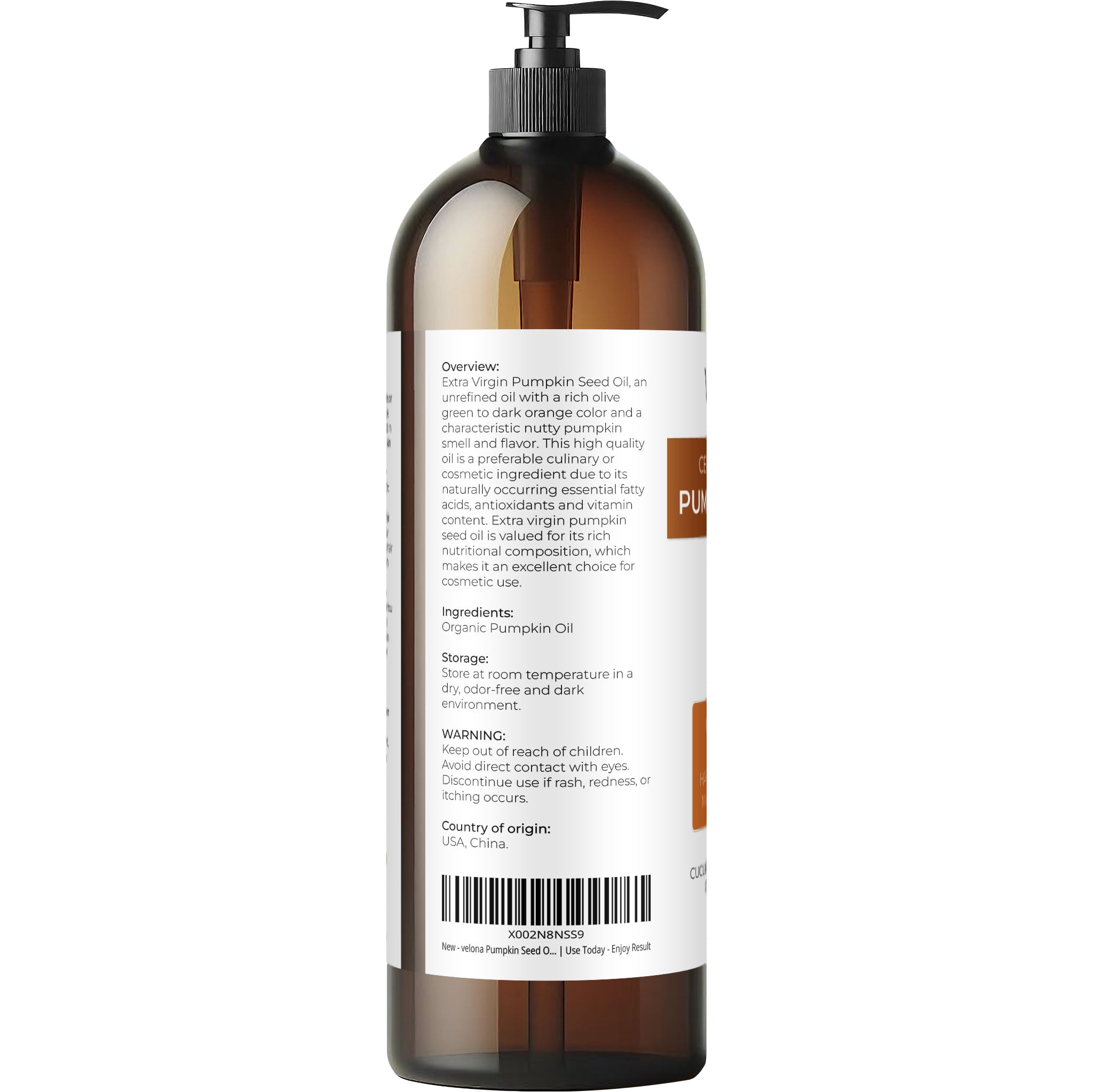 Velona Pumpkin Seed Oil USDA Certified Organic - 32 oz | 100% Pure and Natural Carrier Oil | Unrefined, Cold Pressed | Cooking, Face, Hair, Body & Skin Care