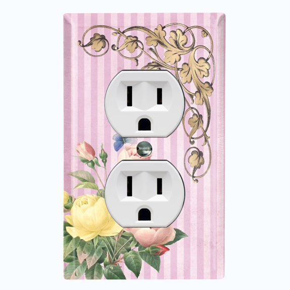Metal Light Switch Plate Outlet Cover Elegant Pink Floral Striped Damask FLW070