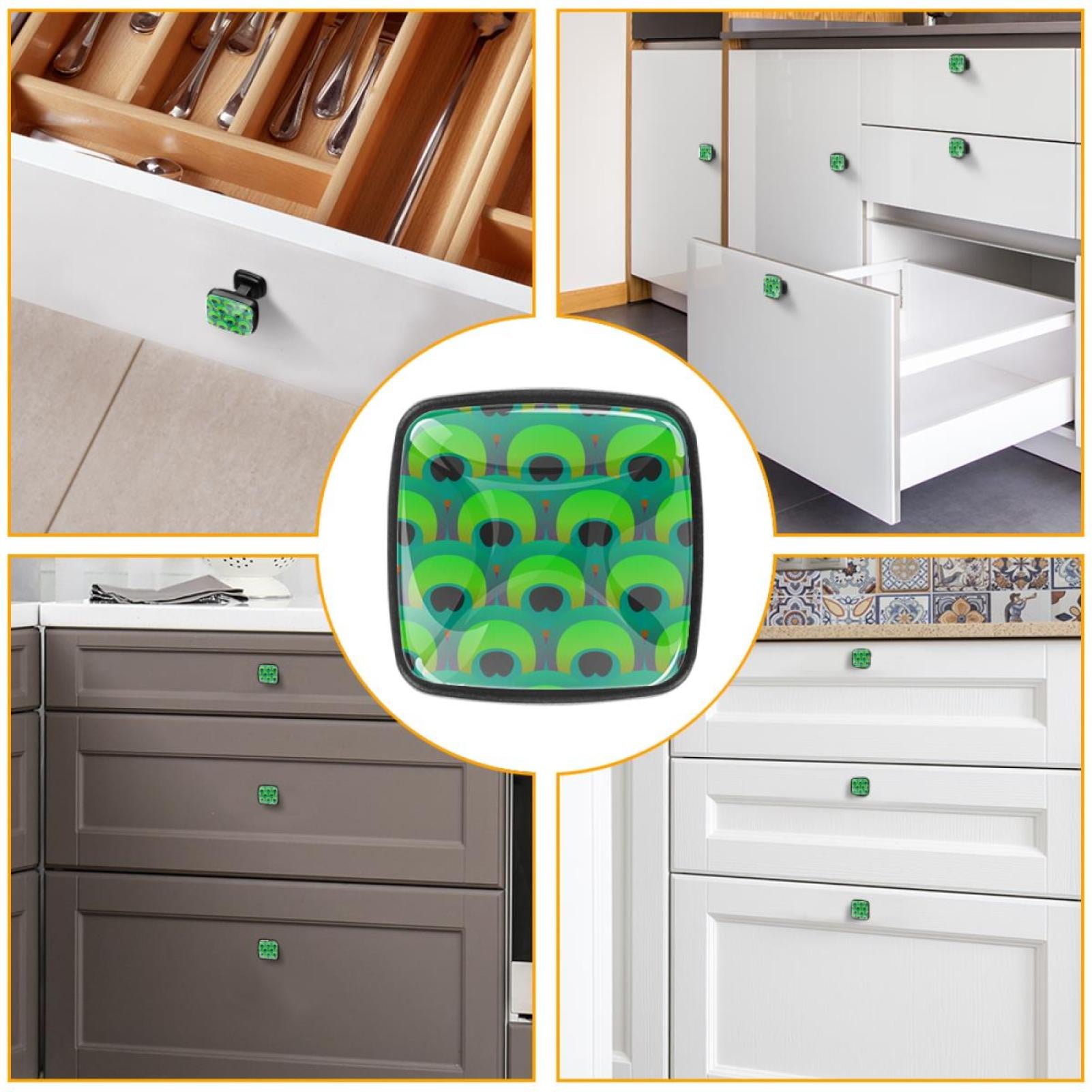 4 Pcs Cabinet Handle Drawer Pulls Pretty Green Peacock Knobs with Screws Square Furniture Office Cabinet Knob Decoration