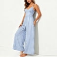 thumbnail image 4 of Snorda Jumpsuits for Women Striped Spaghetti Strap Jumpsuit with V-Neck Casual Loose Breathable Comfy High Waist Wide Leg Long Pants for Women Daily Wear Outing Looks, 4 of 7