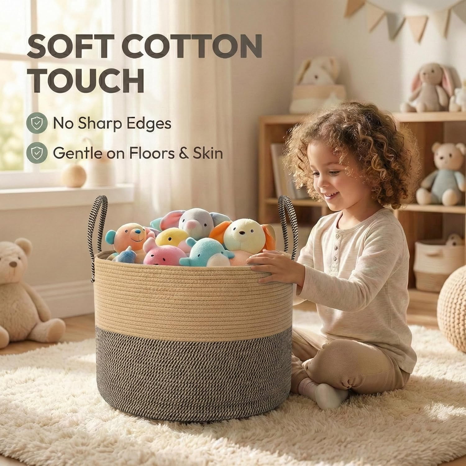 115L Extra Large Oatmeal Woven Cotton Rope Blanket Basket & Laundry Hamper with Reinforced Handles, Machine Washable Storage Bin for Pillows, Comforters & Toys, Perfect for Living Room