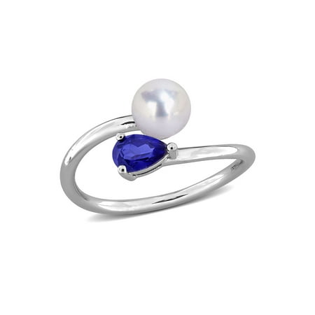 2/3 Carat (Ctw) Lab-Created Blue Sapphire Freshwater Cultured Pearl Ring Sterling Silver for Women