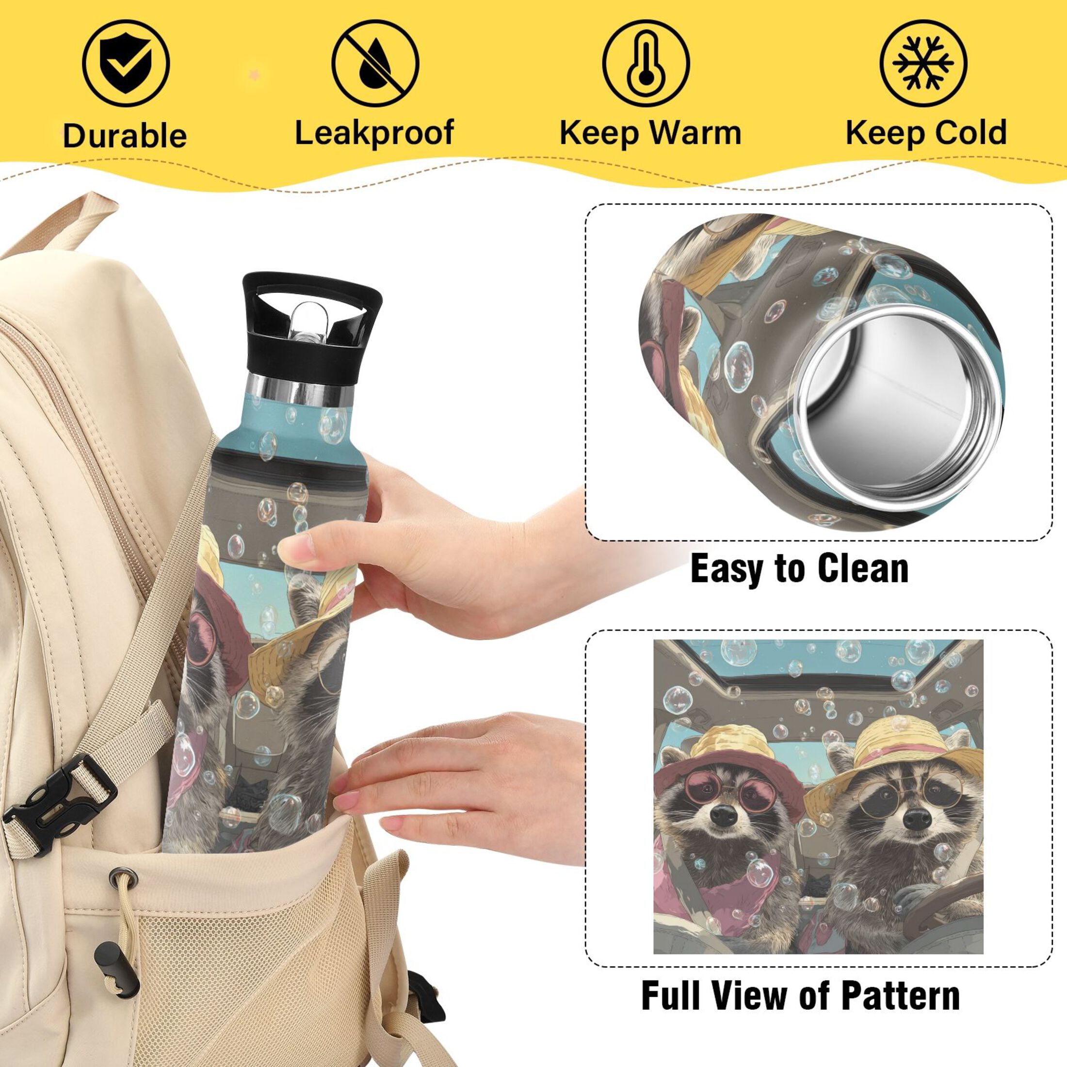 Kids Insulated Stainless Steel Sports Water Bottle 600ml (20oz) Raccoons Wearing Sun Hats