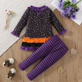 thumbnail image 2 of XIMIN Toddler Girl 2pcs Halloween Clothes Set Plaid Pumpkin T-Shirts Tees Pullover Shirts Long Sleeve Ruffle Tunic Tops+Leggings Flare Pants Outfit Set, 2 of 9