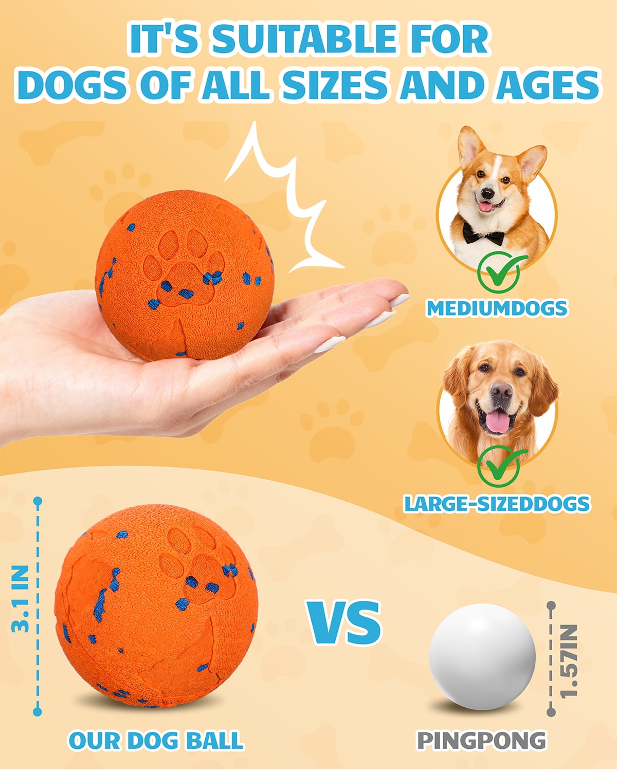 Interactive Dog Ball & Interactive Dog Toys for Medium/Large Dogs - Self Moving Automatic Ball with Chew Resistant E-TPU Material, IPX7 Waterproof，Orange