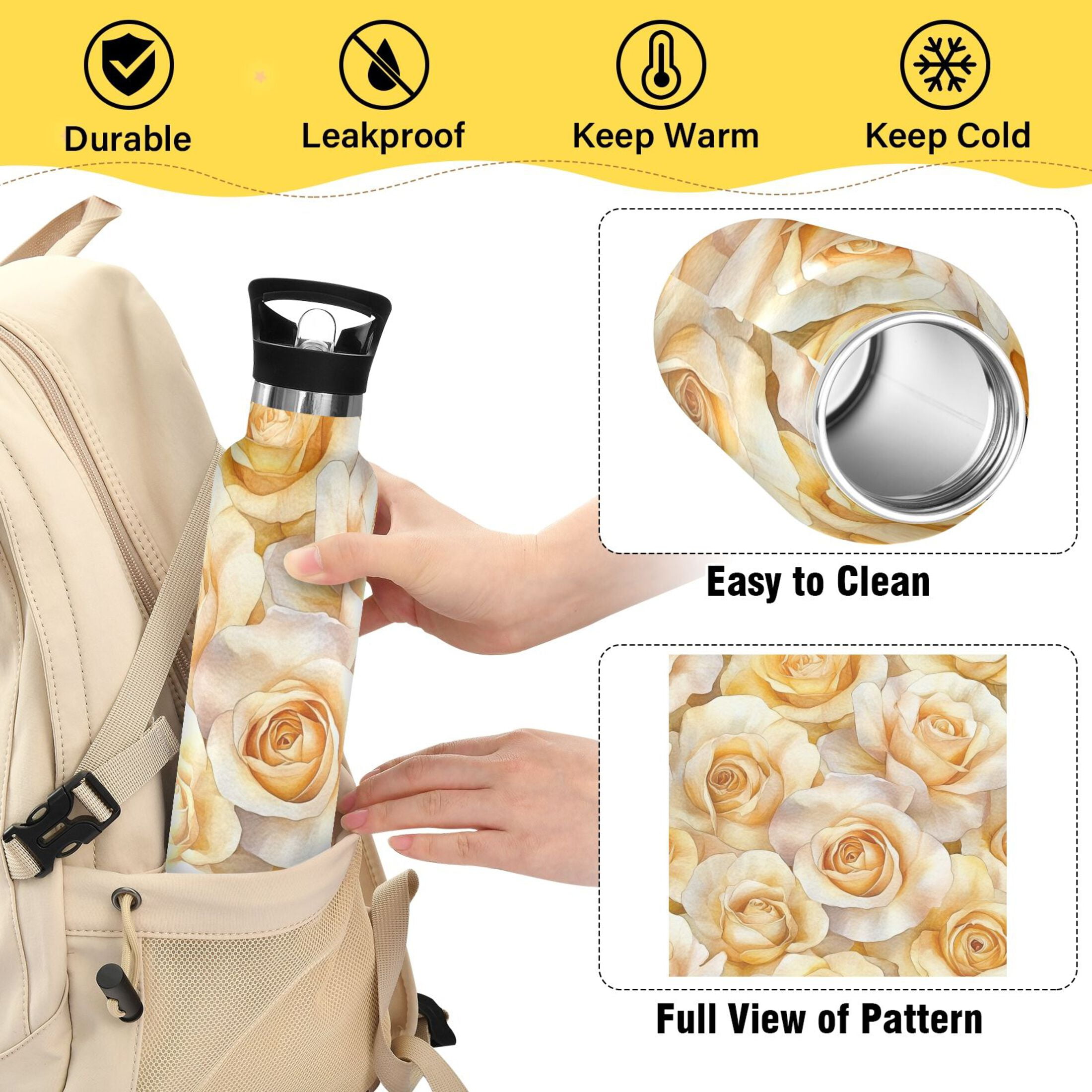 600ML Stainless Steel Insulated Cup Sports Water Bottle Portable Thermos Cup Water Glasses Insulated Tumblers Convenient and Durable Yellow Roses Seamless