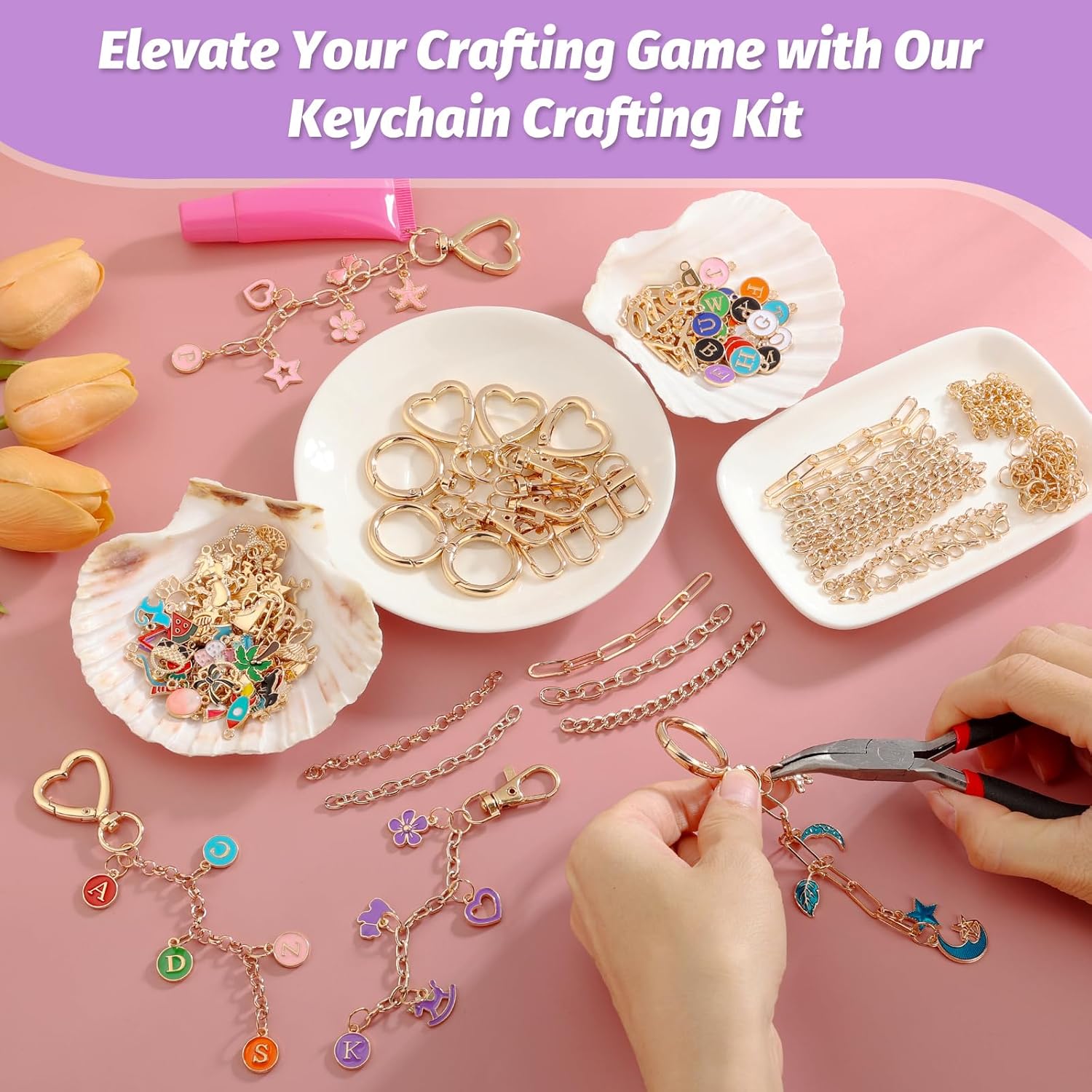 404Pcs Charms Lip Gloss Keychain Making Kit, DIY Craft Supplies with Charms, Key Chain Hooks, Jump Rings, Lobster Clasps, Chains & Tools, Jewelry Making Kit for Custom Keychains, Bags, Gifts