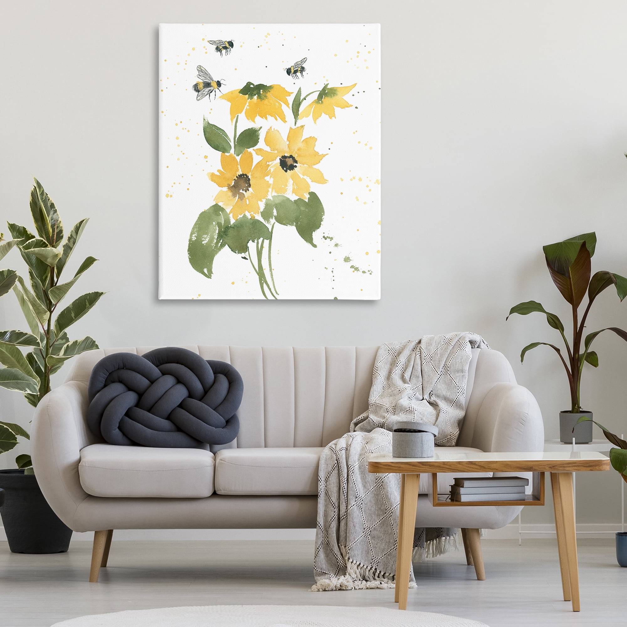 Stupell Industries Bumble Bees & Daisies Botanical & Floral Painting Gallery Wrapped Canvas Art Print Wall Art, 36 x 48