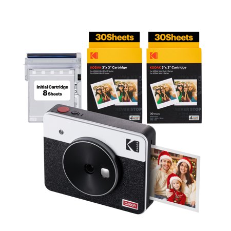 KODAK Mini Shot 3 Retro 4PASS 2-in-1 Instant Camera and Photo Printer (3x3 inches) + 68 Sheets Bundle, White
