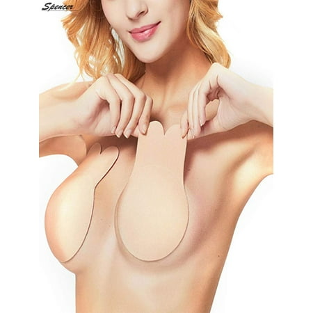 Spencer Rabbit Ear Women s Strapless Push Up Backless Bra Self Adhesive Invisible Bra Silicone Sticky Nipple Covers Breathable Lifting  Beige  Cup DD