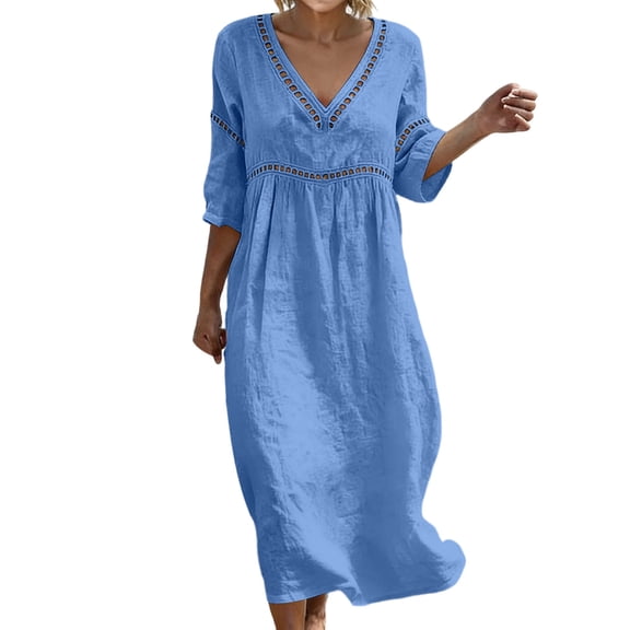 QIYAGBSA Womens Dresses V Neck 3/4 Sleeve with Lace Trim Pockets Relaxed Fit Boho Beach Vacation Maxi Dress (Blue XL)