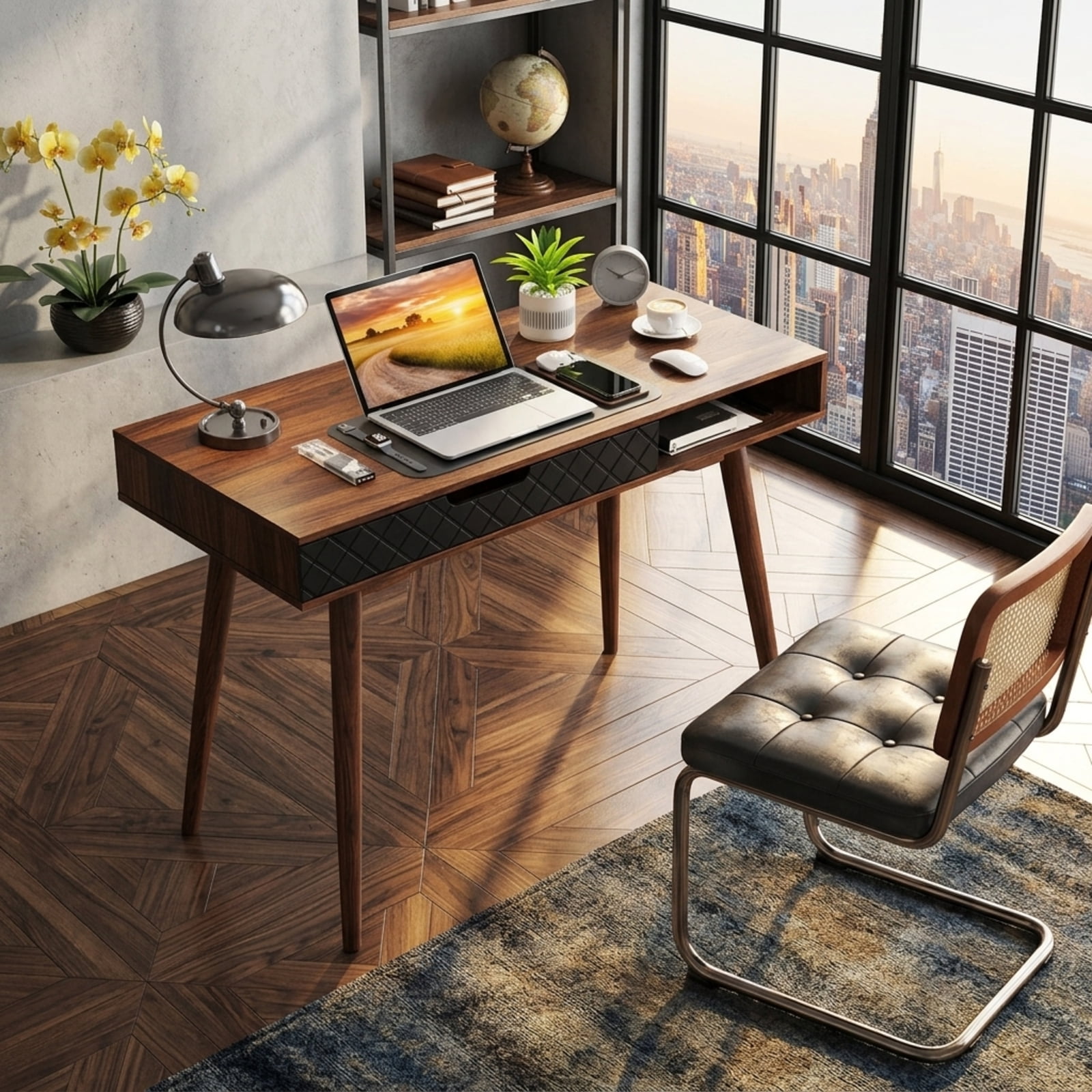 Furnibear Mid Century Modern Computer Desk with Drawer and Open Compartment for Home Office Study Writing, Brown