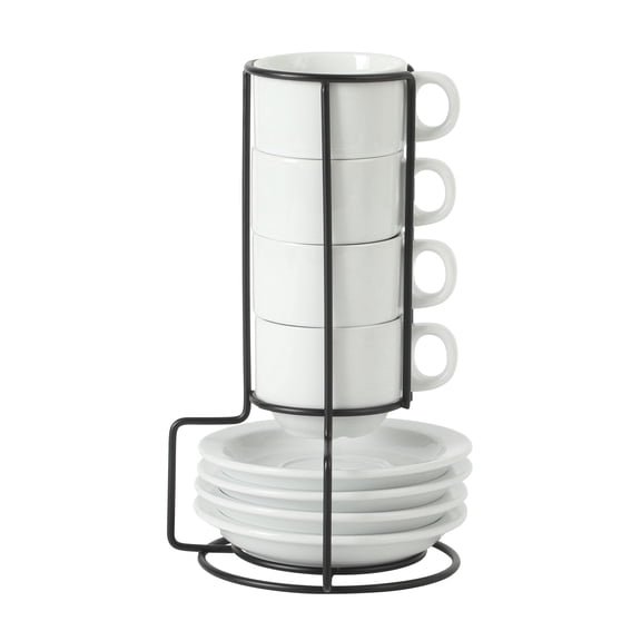 Gibson Home Gracious Dining Espresso / Cuppuccino Cups Set of 4, Small Stackable Coffee Cups with 4 Saucers, Metal Stand, Ceramic Demitasse Mugs, Espresso Accessories for Machine