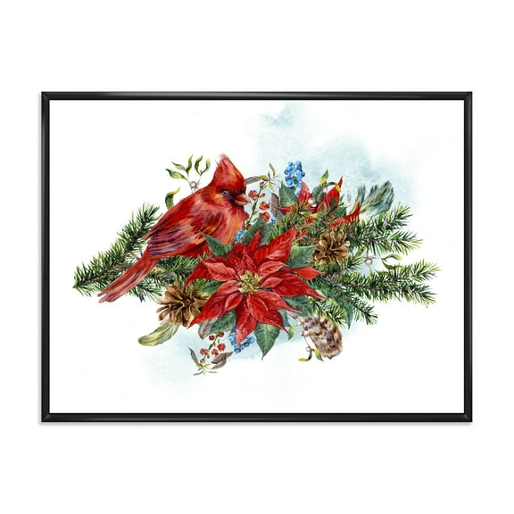 Christmas Red Cardinal Bird and Poinsettia 20 in x 12 in Framed Painting Canvas Art Print, by Designart