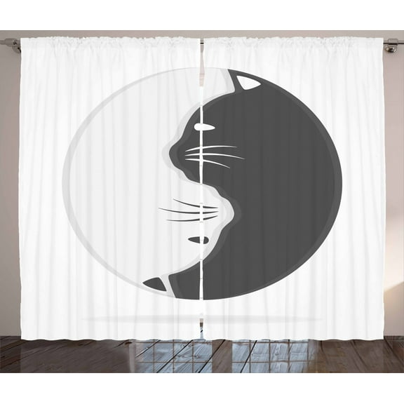 Ambesonne Yin Yang Curtains 2 Panel Set, Black and White Cats, 108" x 96", Pale Grey and Grey