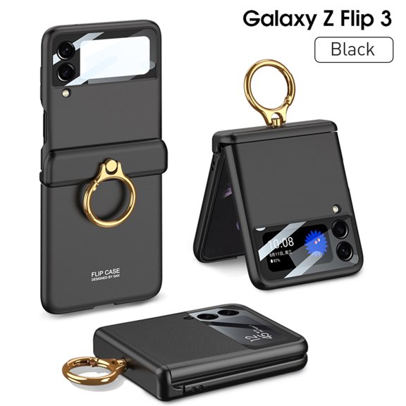 SaniMore Case for Samsung Galaxy Z Flip 3 6.7" 2021, Hinge Protection All-inclusive 360 Degree Rotating Metal Ring/Kickstand Wireless Charigng Lens Film Folding Case for Galaxy Z Flip 3, Black