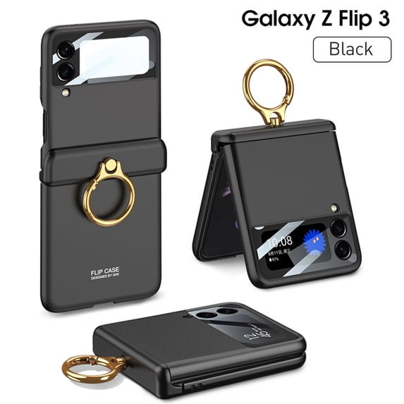 SaniMore Case for Samsung Galaxy Z Flip 3 6.7" 2021, Hinge Protection All-inclusive 360 Degree Rotating Metal Ring/Kickstand Wireless Charigng Lens Film Folding Case for Galaxy Z Flip 3, Black