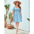 thumbnail image 5 of Plus Size Women Casual Dress Square Neck Puff Sleeve Smocked Waist Flowy Short Dress for Vacation Blue 4XL, 5 of 8