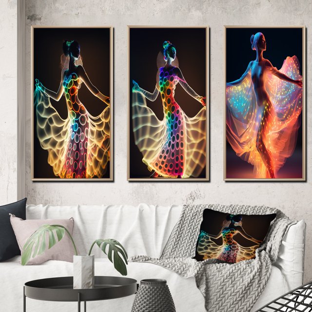 Designart "Translucent Light Dancing Figure III" Woman Fashion Photography Framed Wall Art Set Of 3 - Multicolor Glam Frame Gallery Set For Office Decor