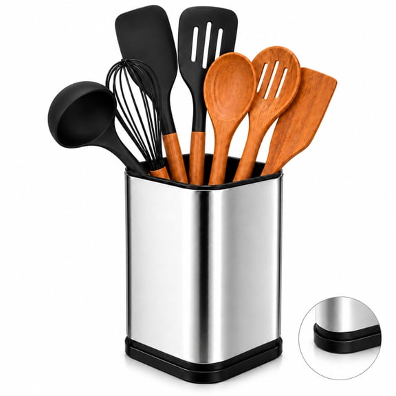 kitchen Utensil Holder, Stainless Steel Kitchen Utensil Organizer for Countertop Storage with Weighted Non-Slip Base, Silver