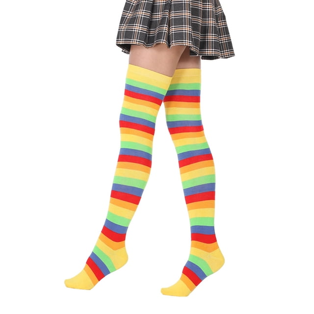 Minnieouse 2 piezas de calcetines a rayas de talla grande hasta el muslo, cómodos, cálidos, fáciles de combinar, apariencia de moda, calcetín, botas, Medias arcoiris amarillo Minnieouse AP008874-16