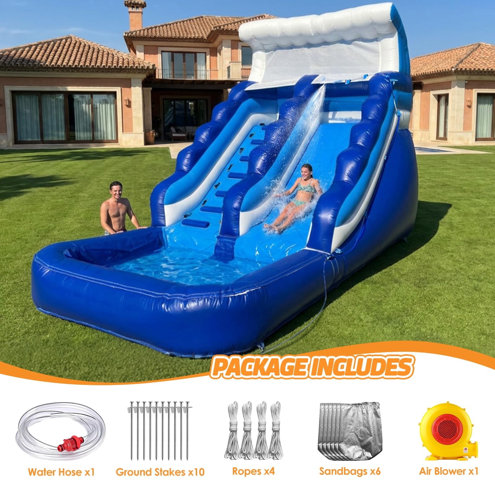 18’(L) Inflatable Water Slide Commercial Grade PVC with Detachable Slide Climbing Ladder and Pool, Giant Inflatable Wet Dry Use, Blow Up Water Slides for Backyard Outdoor, Party, Rental, Gift