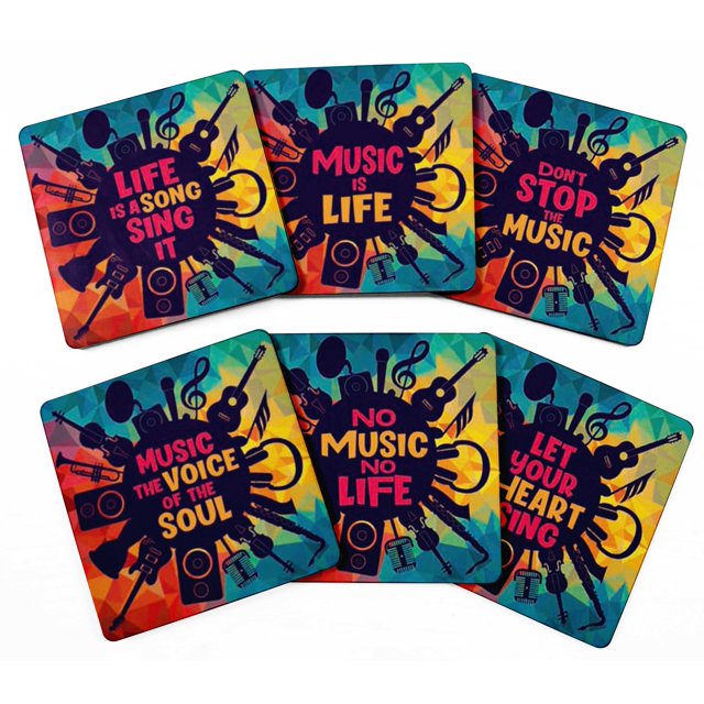 Inkdotpot Set of 6 Drink Coasters DecorativeNon,SlipCork Base4-inch Square PrintedCoastersEasy Clean- Music Quote