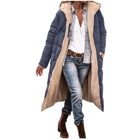 Women s 2026 Winter Fashion Clothes Oversized Shearling Fleece Long Coats warm Cotton Hooded Jackets (S Dark Gray)