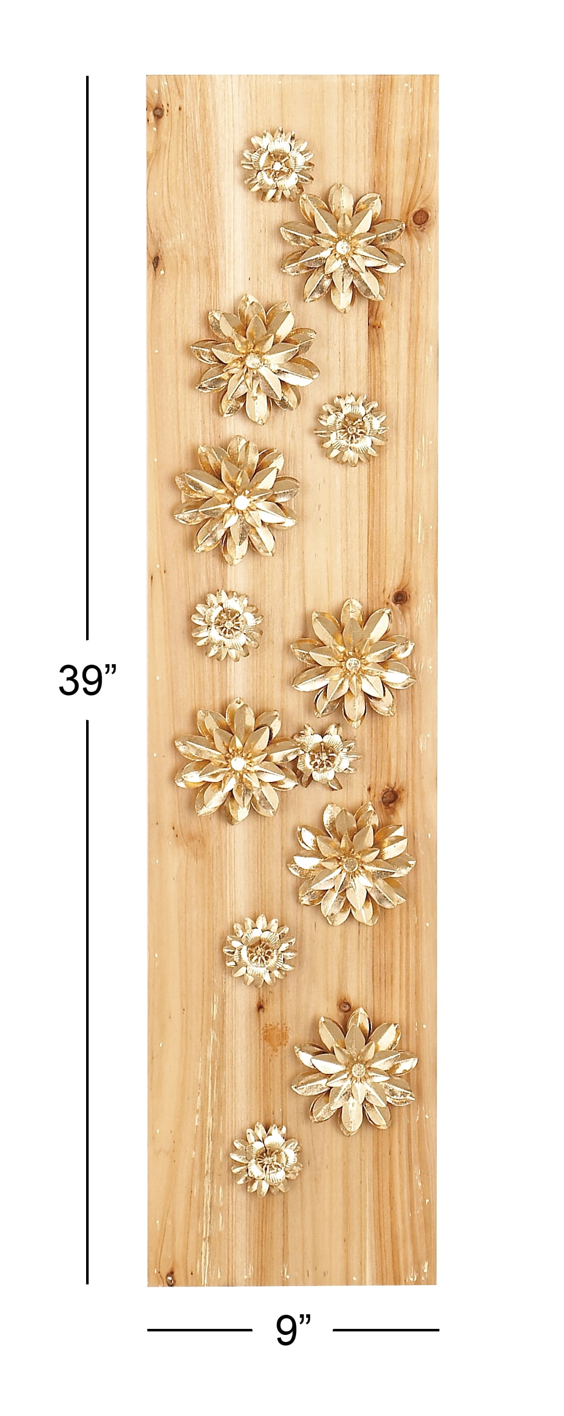 Decmode 39 X 9 Inch Natural Wood And Metal Light Gold Petaled Flowers Rectangular Wall Decor, Metallic, Natural Wood