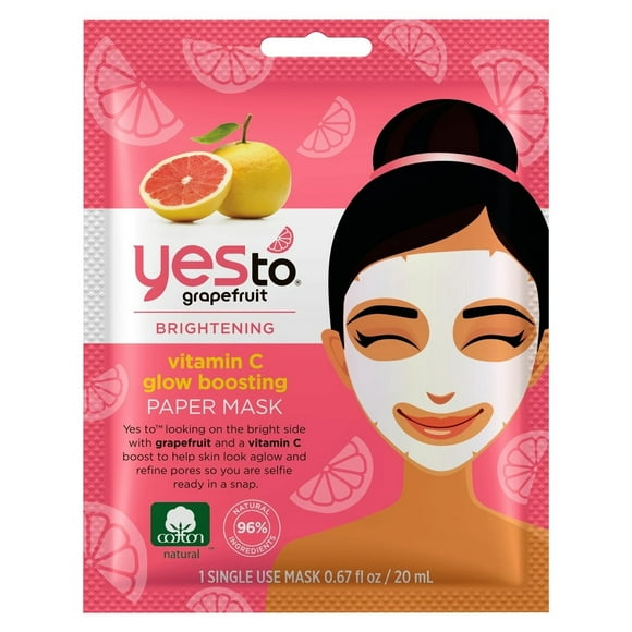 Yes To Pamplemousse Éclaircissant Vitamine C Lueur Boostant le Masque en Papier pour la Peau Terne et Inégale, 1 Masque à Usage Unique
