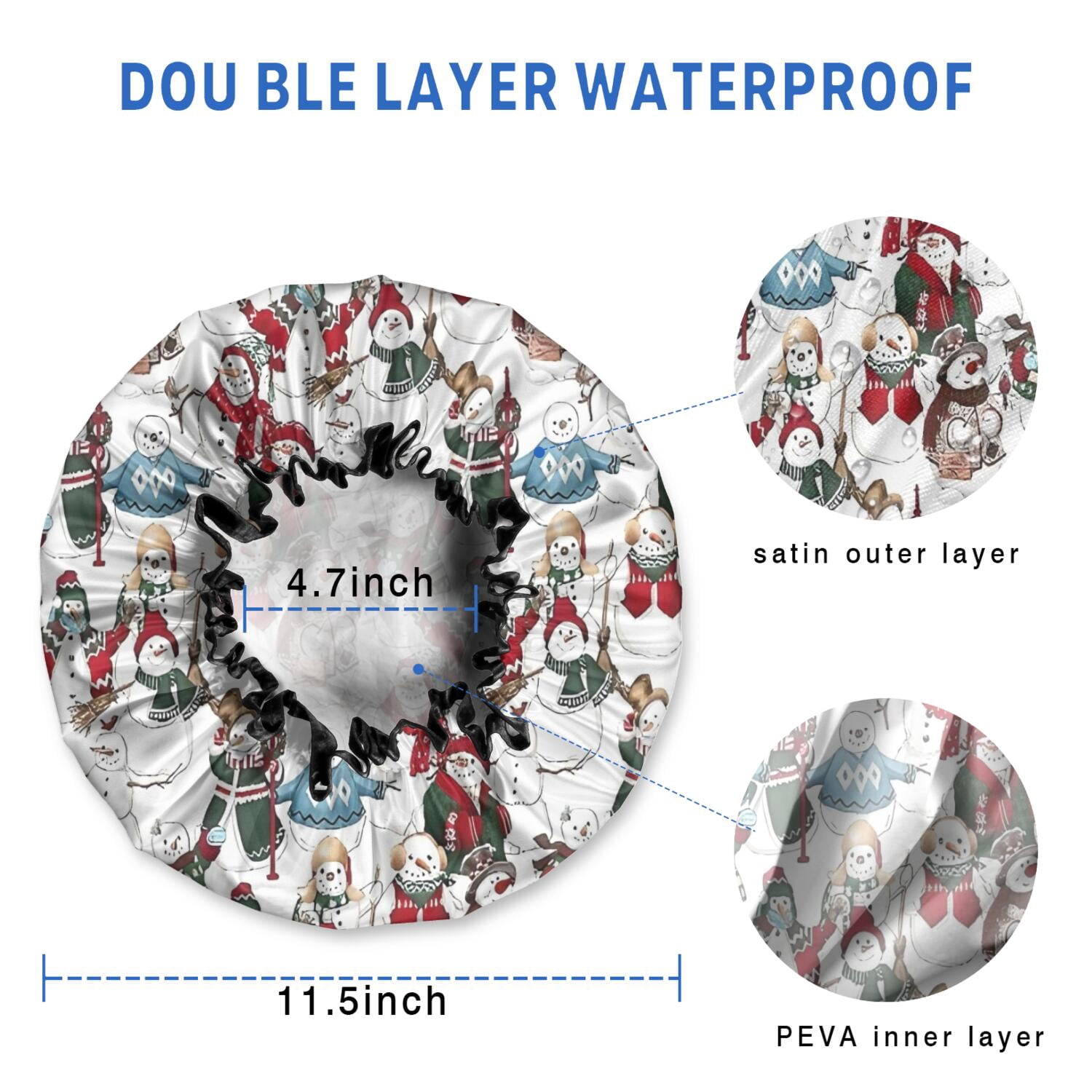 Shower Caps,White Christmas Snowman Pattern Waterproof Shower Cap for Women 4 Pieces,Double Reusable Hair Cover for Shower PEVA Elastic Stretch Hem