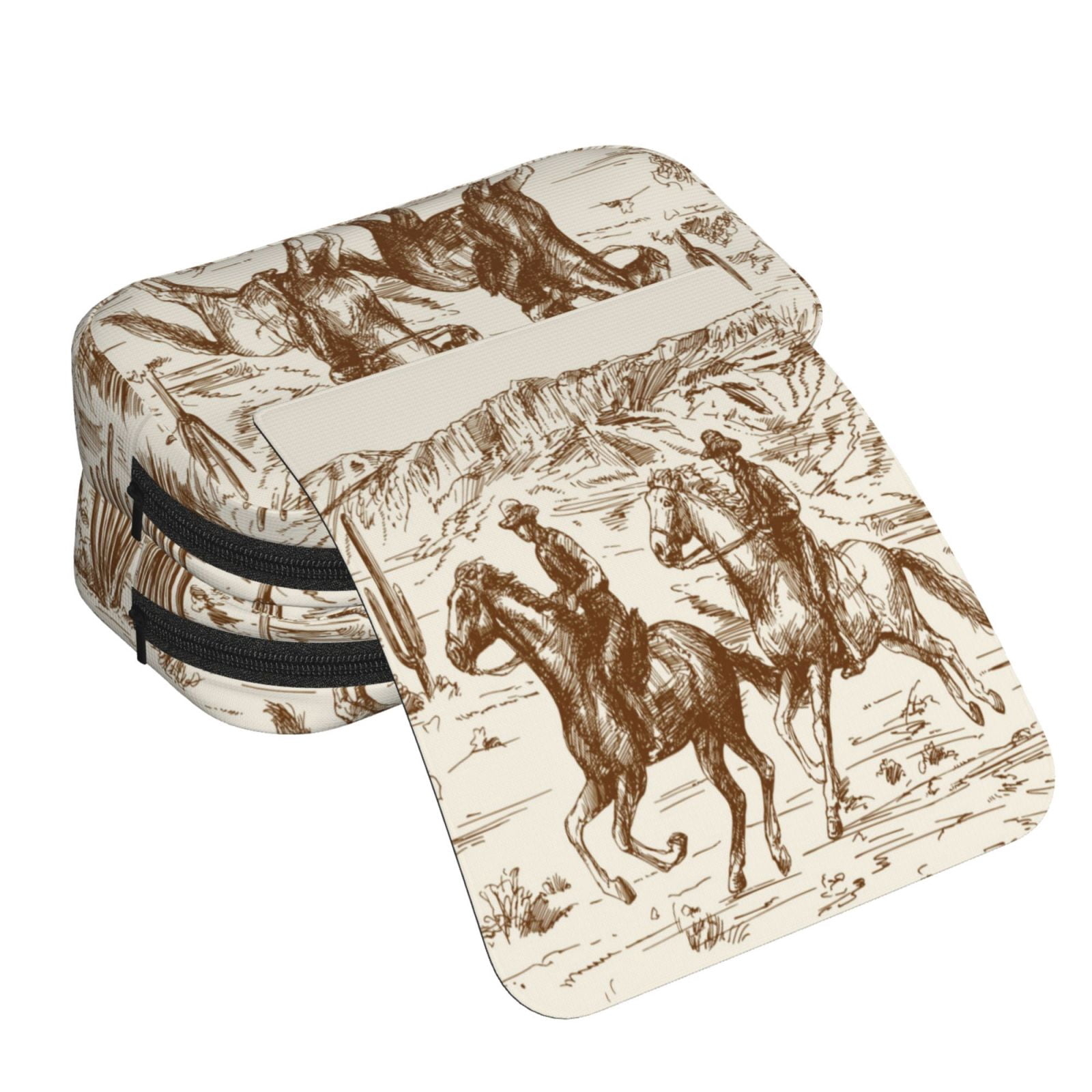 Rateoe Western Desert Cowboys1 Pattern Double Clamshell Pen Case, Storage Organizer with Two Zipper Compartments– Holds Up to 50 Pencils & Pens