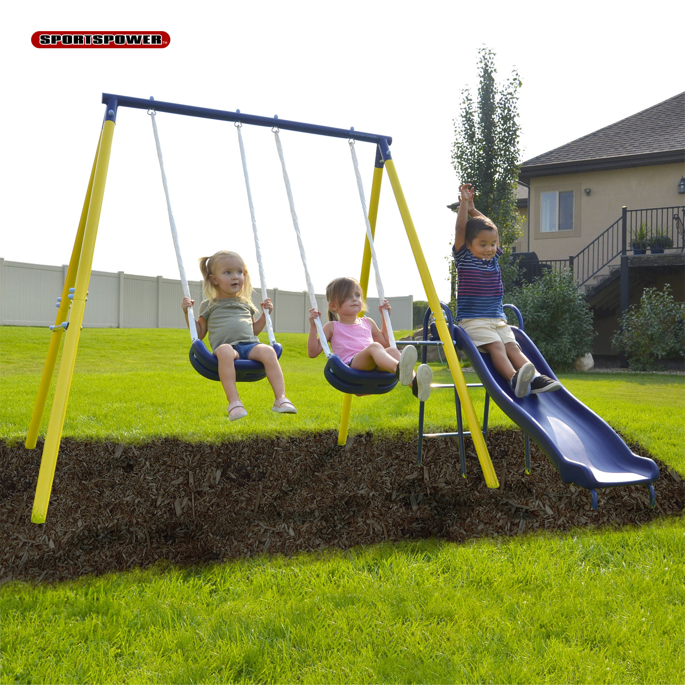 Sportspower Power Play Time Metal Swing Set with 5 Heavy Duty Slide and 2 Swings picture