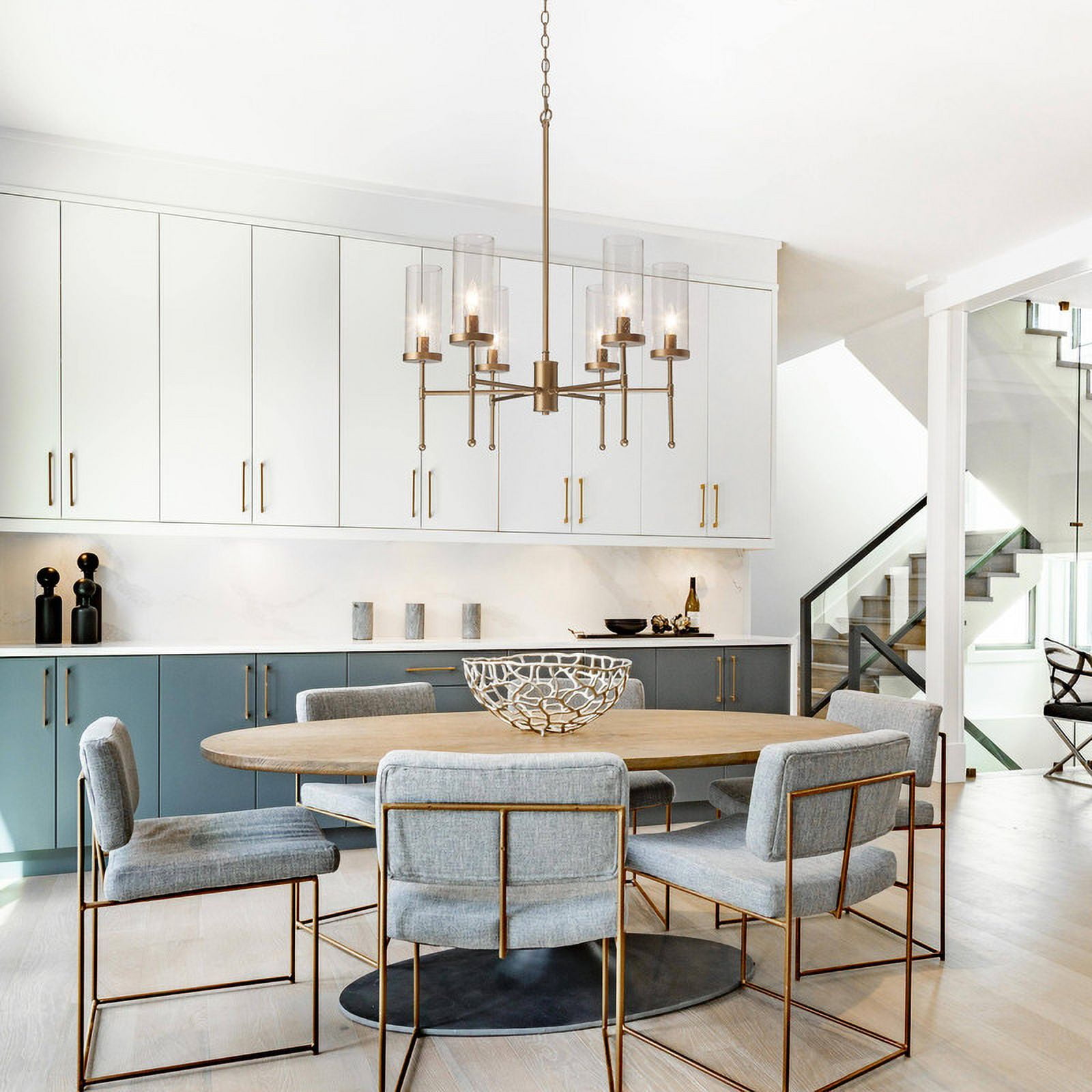 LNC 6-Light Matte Gold Cylinder Chandelier with Seeded Glass for Kitchen Island