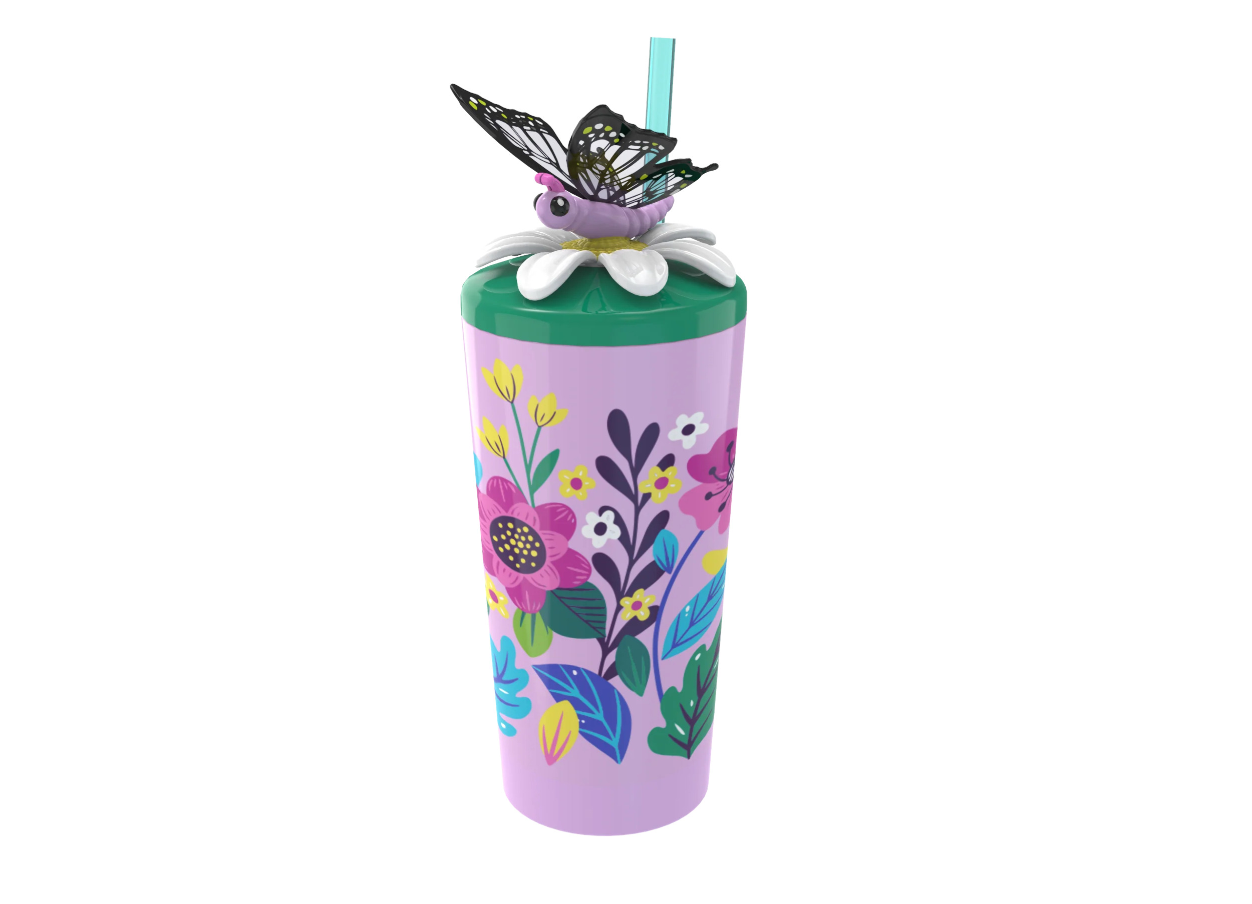 Cool Gear 4-Pack 18 oz Fun Toppers Butterfly Character Lid Tumblers with straw included | Durable, Reusable Water Bottle Gift for Kids, Adults - image 5 of 5