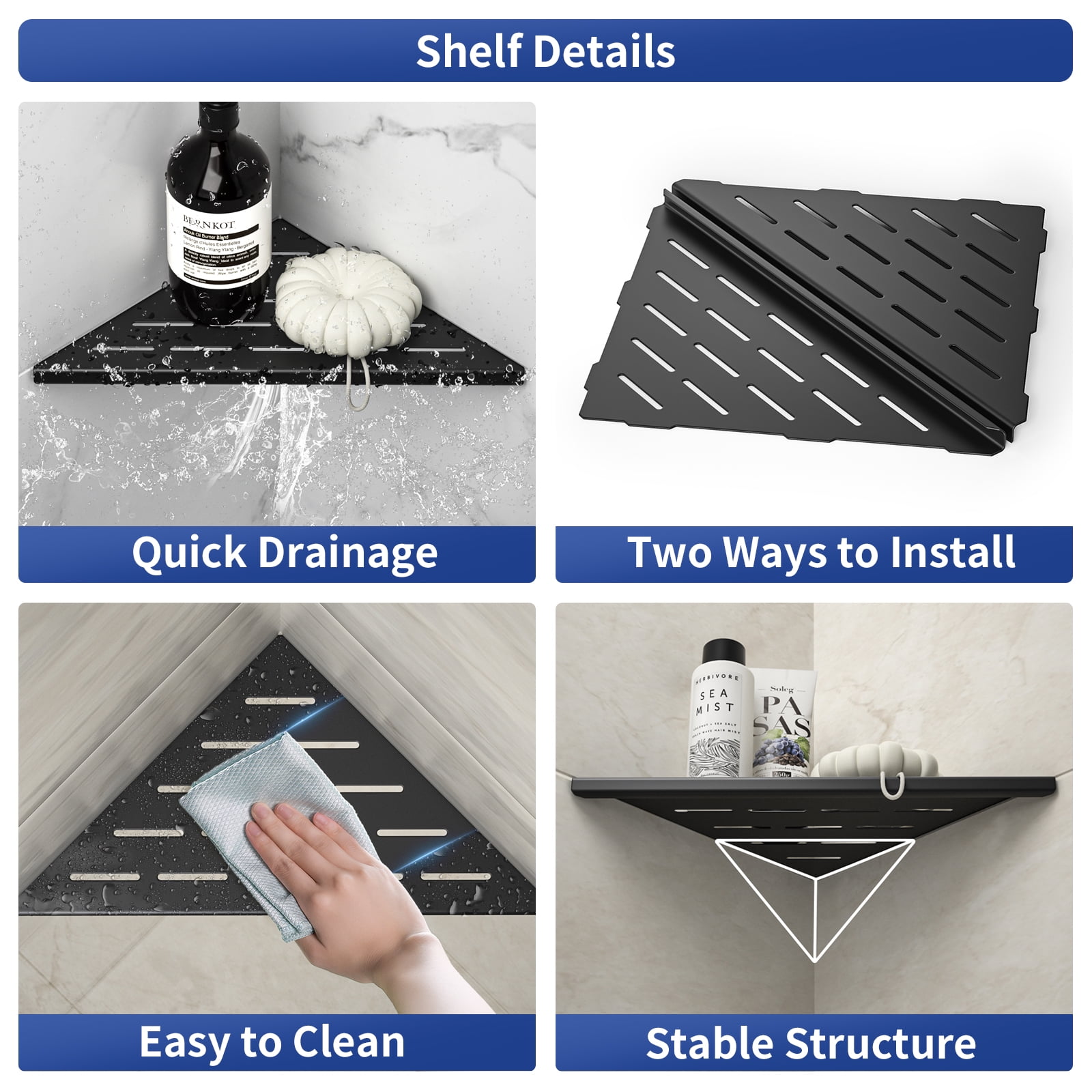 Bernkot Corner Shower Shelf 10" Matte Black 304 Stainless Steel Slot Design Recessed Corner Shelves Bathroom Shower Shelf for Tiled Wall, Drilling Needed 2 Pack