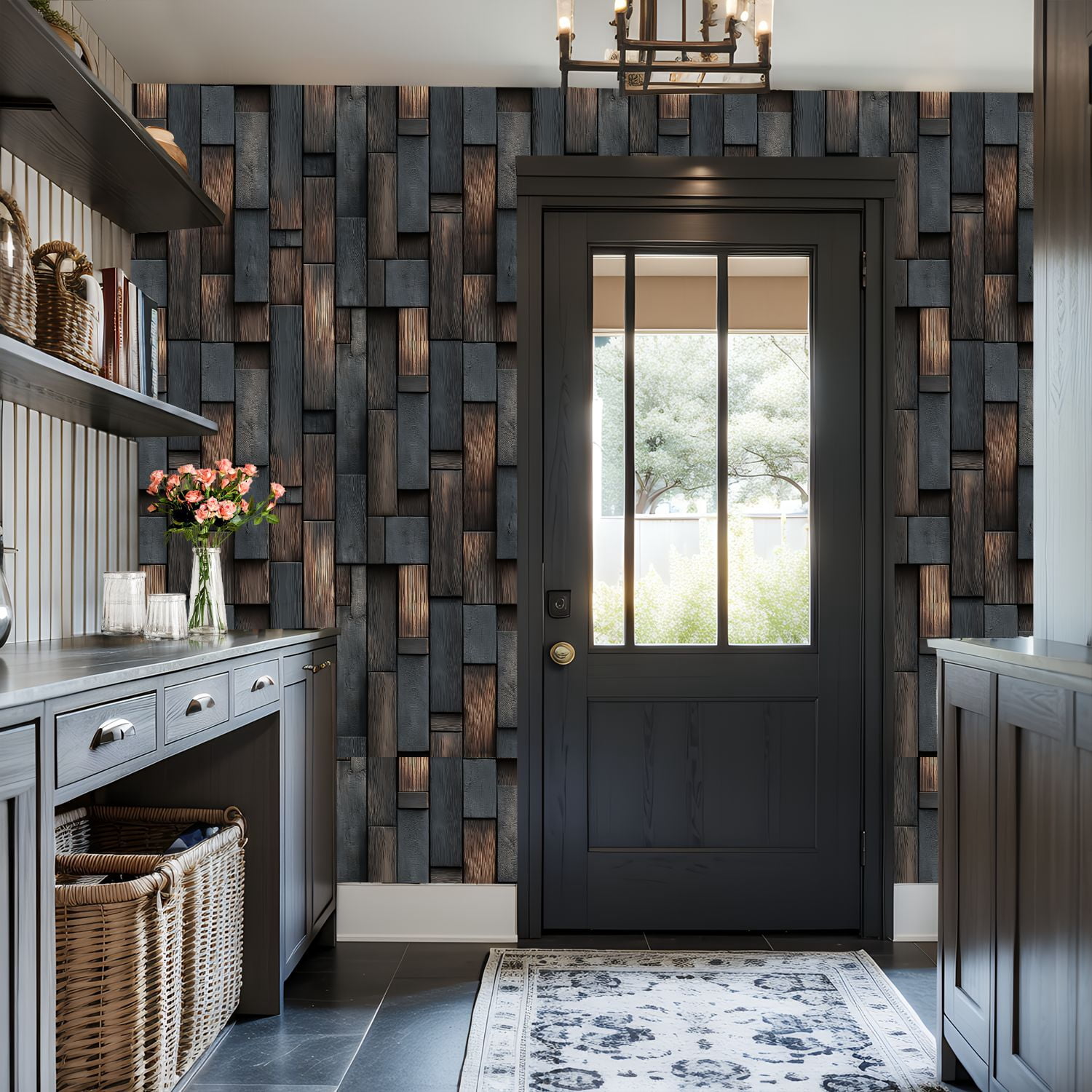 Peel and Stick Wallpaper Dark Charcoal Wood Paneling Natural Grain Patterns Wall Mural 17.7in x 9.8ft Self Adhesive Removable Wall Paper Renter Friendly Wallpaper for Nursery Bedroom Cabinets