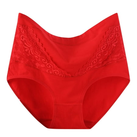 High Waisted Underwear for Women Plus Size Postpartum Panties Comfortable Stretch Ladies Lace Briefs Cotton Underwear for Women Seamless Red L