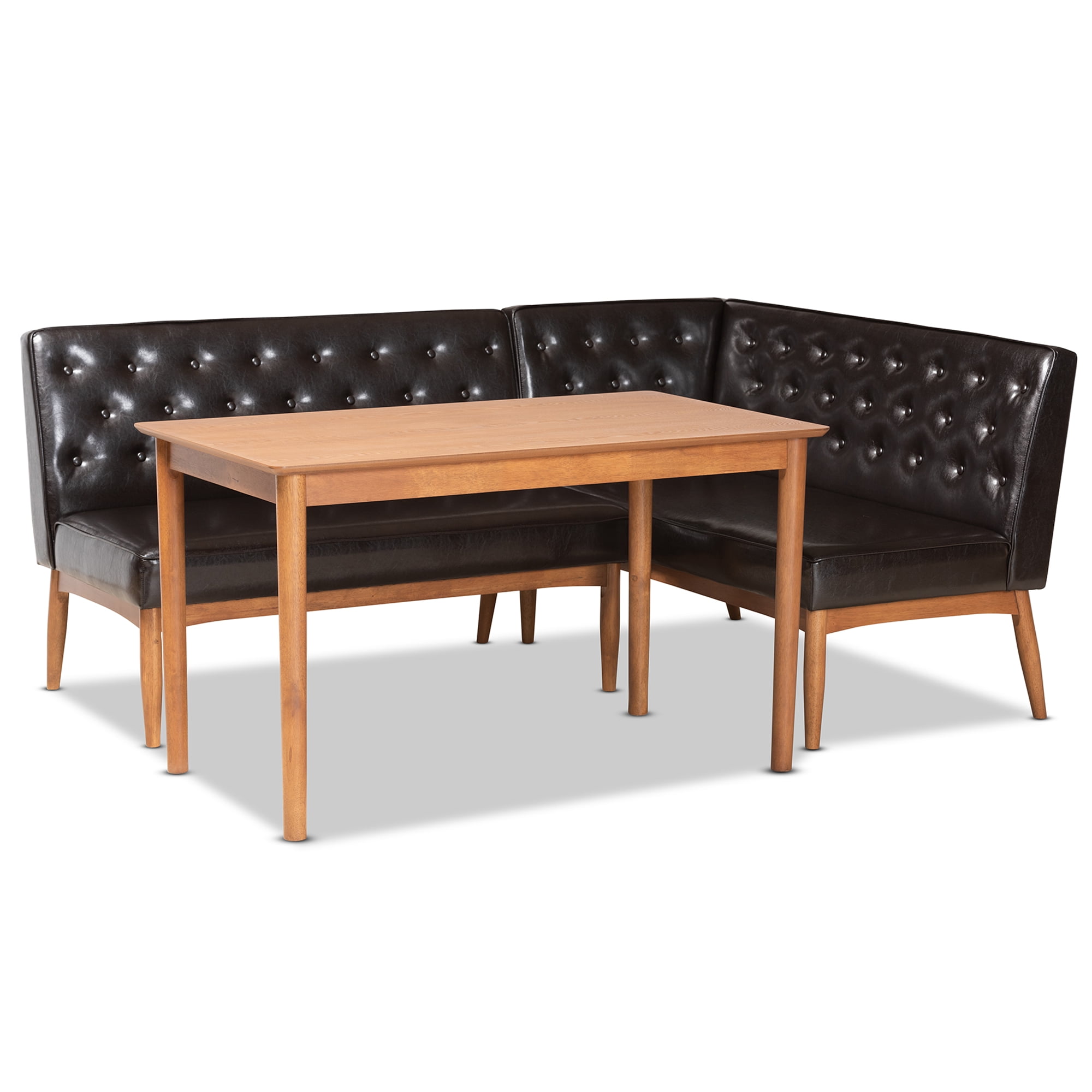 Baxton Studio Riordan Mid-Century Modern Dark Brown Faux Leather Upholstered and Walnut Brown Finished Wood 3-Piece Dining Nook Set