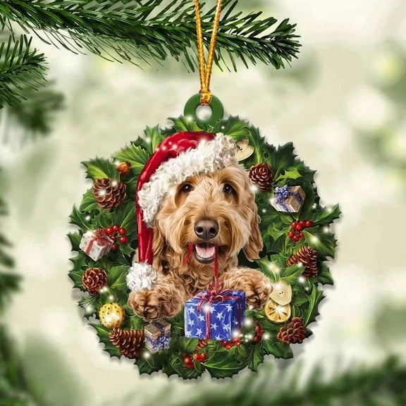 Acrylic 2D FLAT - Goldendoodle and Christmas Wreath Ornament gift for Goldendoodle lover ornament - Holiday Tree Decoration