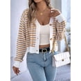 thumbnail image 3 of Womens Long Sleeve Striped Cardigan Sweaters Striped Cropped Button Fall Trendy Open Front Knit Sweater Coats Khaki L, 3 of 8