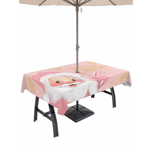 Outdoor Tablecloth with Umbrella Hole and Zipper, Pink Santa Christmas Rectangle Table Cloth 52x70 Inch Waterproof Tablecloth, Merry Christmas Snowflake Picnic Table Cover for Patio Camping