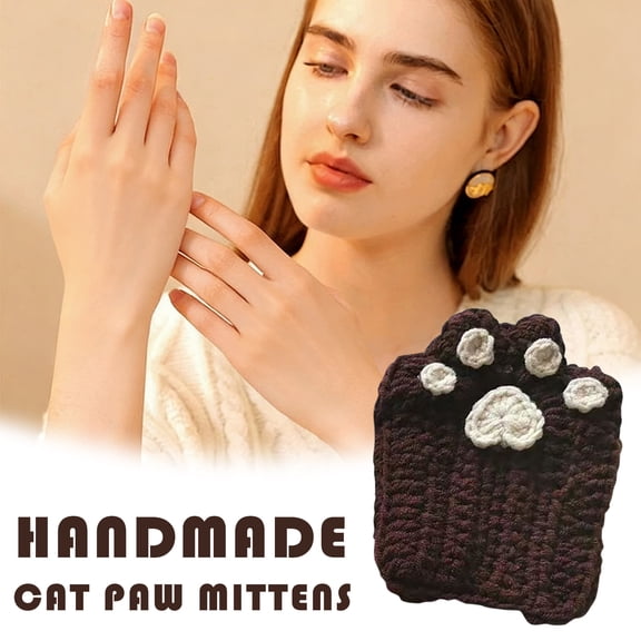 Uuiauoio Hand-Crocheted Cat Paw Mittens–Fingerless Gloves with 3D Paw Pads, Crochet Mittens, Warm Winter Gloves, Gift for Cat Lovers