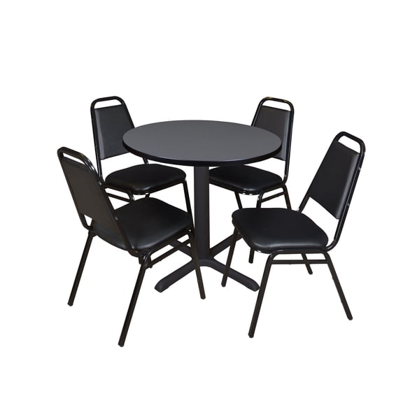 Romig Pillar Small 30 in. Round X-Base Breakroom Table- Grey & 4 Restaurant Stack Chairs- Black