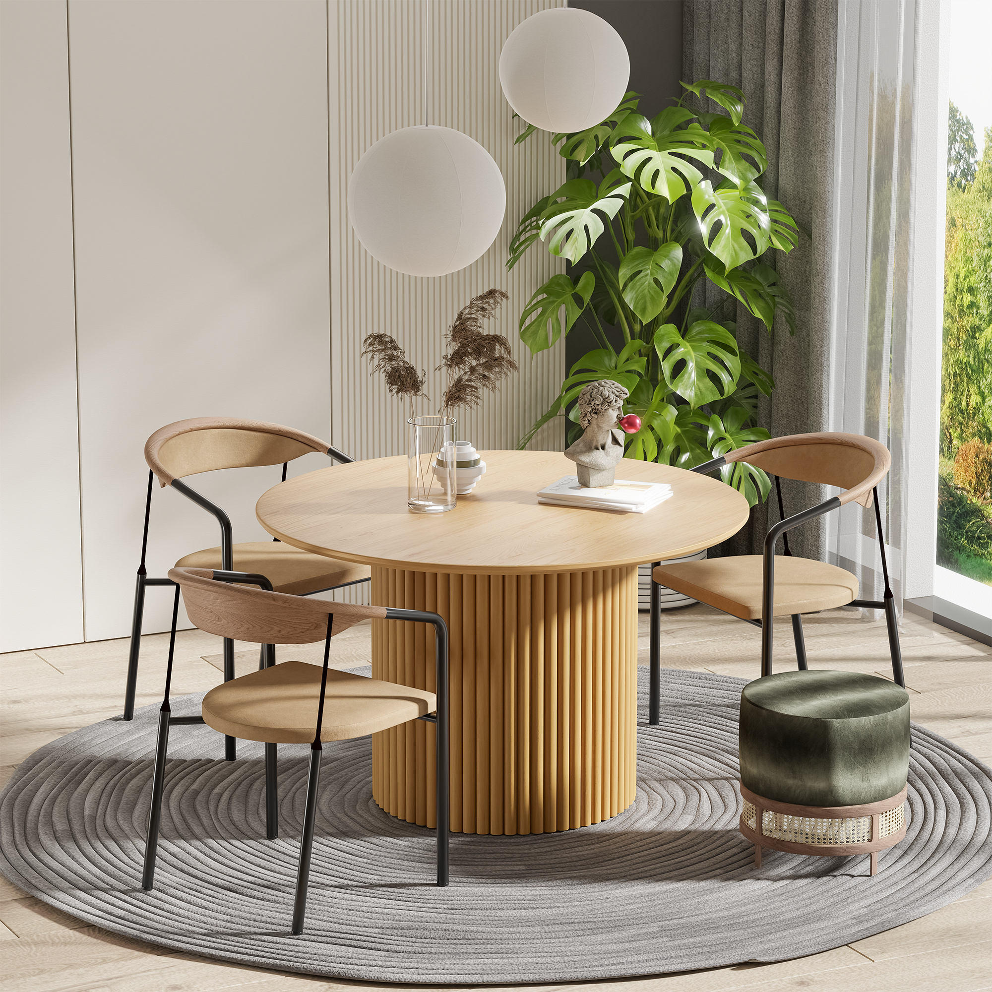 46" Modern Oak Wood Dining Table Large Round Dining Room Tables,Oak Color
