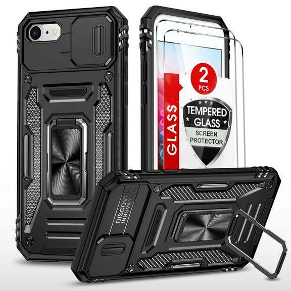 LeYi iPhone 8 Case, iPhone 7 Case, iPhone SE 2022 Case with Screen Protector [2 Pack], [Slide Camera Cover Protection] Military Grade Shockproof Full Body Protective Cover for iPhone 8/7 Case - Black